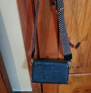Hand Tooled Leather Black Cross Body Handbag NWOT